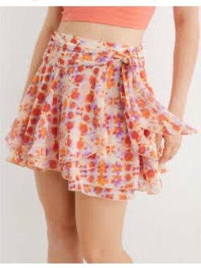 Floral Tie-Waist Ruffle Mini Skirt - Orange & Purple